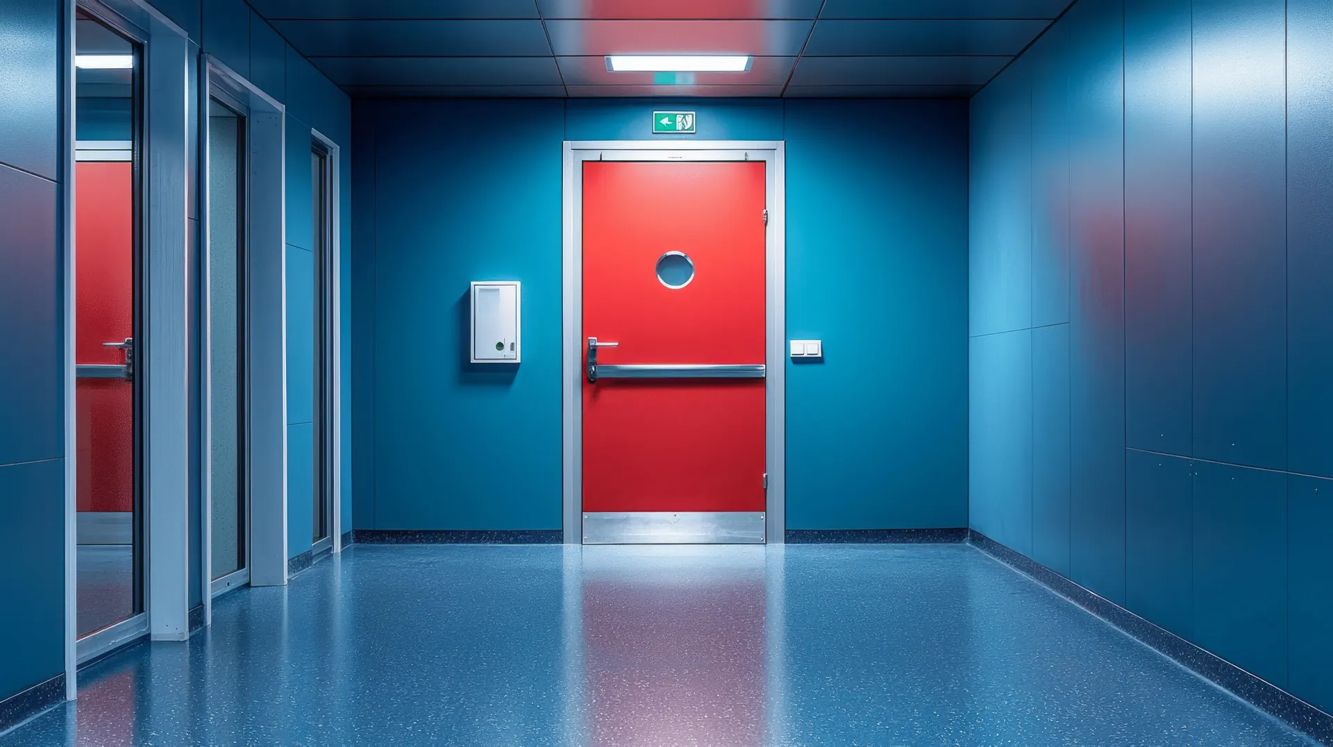 Timber fire doors installed along a completed commercial corridor